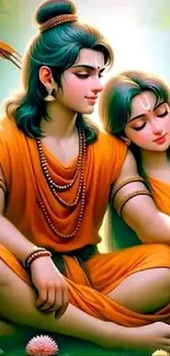 Vibrant artwork of Lord Rama and Sita on a phone wallpaper.