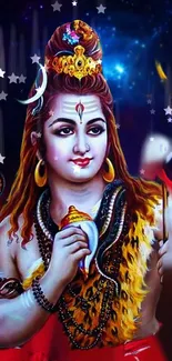 Vivid cosmic art of Lord Shiva with celestial background