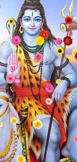 Divine Lord Shiva with trident on a sacred bull, vibrant colors in serene setting.