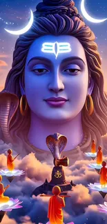 Mystical Lord Shiva surrounded by monks and celestial symbols.