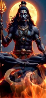 Lord Shiva in meditation with glowing moon background.