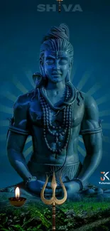 Lord Shiva statue meditation in dark blue background.