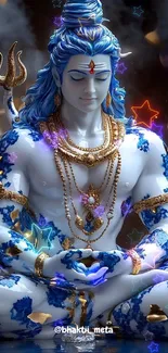 Lord Shiva in meditation with vibrant stars and blue hues.