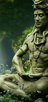 Meditative Lord Shiva statue wallpaper with greenery.