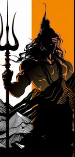 Silhouette of deity holding trident against orange and black background