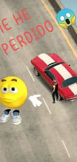 Lost emoji art on highway with classic car, whimsical illustration.