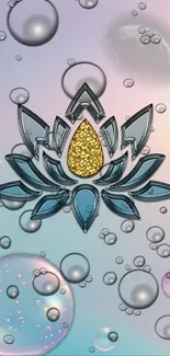 Metallic lotus with bubbles on pastel background.