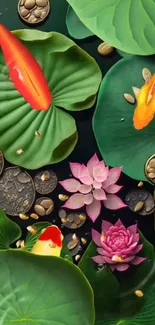 Koi fish swimming among lotus leaves and blossoms with scattered coins.