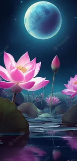 Moonlit night with blooming pink lotus on a serene lake.