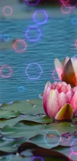 Lotus flowers with neon hexagons on water background