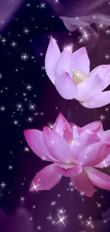 Mobile wallpaper with lotus flowers and galaxy stars, in purple hues.