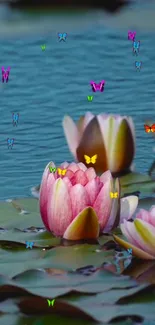 Lotus flowers in water with colorful butterflies fluttering.