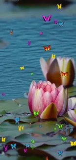 Serene pond with lotus flowers and colorful butterflies on tranquil water.