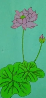 Hand-drawn lotus flower with green leaves on an aqua background wallpaper.