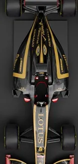 Top view of sleek Lotus racing car on black background.