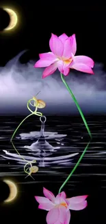 Pink lotus reflecting on water under crescent moon.