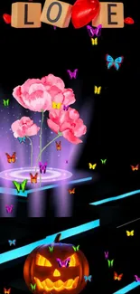 Love-themed wallpaper with butterflies and glowing flowers over a dark background.