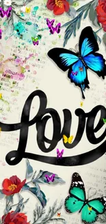 Love text with butterflies and floral art on a script pattern background.