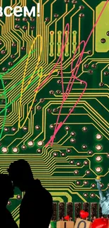 Romantic circuit board wallpaper with love theme.