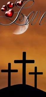 Three crosses with love text and sunset background on wallpaper.