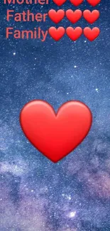 A red heart on a starry galaxy background showcases love and family unity.