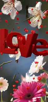 Romantic wallpaper with 'Love' text and flowers.