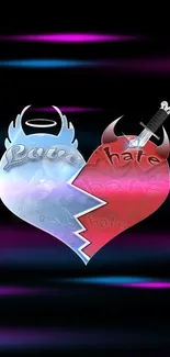 A vibrant 'Love and Hate' heart design wallpaper.