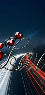 Love-themed wallpaper with red hearts and light trails on a dark urban road.