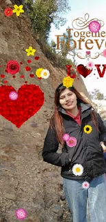 Romantic scene with woman and heart graphics on a rocky path.