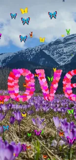 Colorful mountain love wallpaper with flowers.