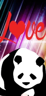 Colorful panda wallpaper with love text and vibrant streaks.