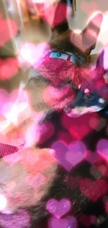 Wallpaper of dogs with glowing pink hearts.