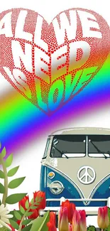 Heart-shaped Love design with rainbow and retro van on wallpaper.