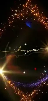 Mobile wallpaper with stars and love script, featuring glowing cosmic elements.