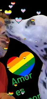 Dalmatian kisses a person with a rainbow heart symbolizing love and pride.