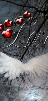 Romantic love wallpaper with red hearts and angel wings.