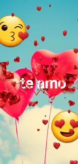 Romantic wallpaper with heart balloons and love emojis against a blue sky.