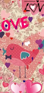 Pink bird with hearts on floral wallpaper background.