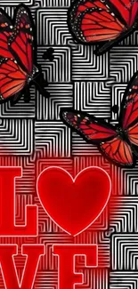 Red butterfly love pattern on geometric background.