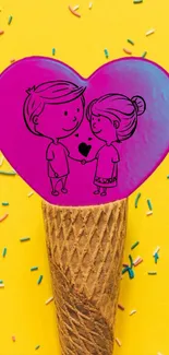 Cartoon kids in heart-shaped ice cream on a bright yellow background.