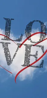 Love-themed cloud art against a blue sky with heart shape ribbon.