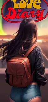 A girl with a backpack facing a dreamy night cityscape labeled 'Love Diary'.