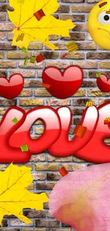 Love-themed wallpaper with emoji and leaves on a brick wall.