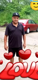 Man standing with love emoji decorations and red cars in background.