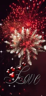 Fireworks and love text mobile wallpaper with red hearts and sparkles.