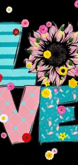 Love themed floral wallpaper with pink and turquoise letters.