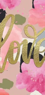 Gold 'love' script on floral watercolor background.