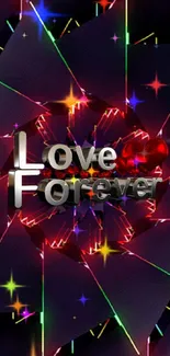 Vibrant neon geometric art with 'Love Forever' text.