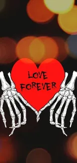 Skeleton hands hold heart with 'Love Forever' text on dark background.