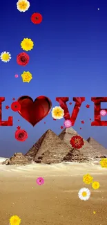 Love-themed Giza pyramids wallpaper with blue sky and heart design.